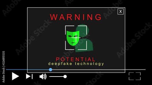 Acronym Deepfake, Deep Fake and false, profound learning. Replacing images using artificial neural networks. Illustration with warning pop-up, alert. Video interface. Media file. photo