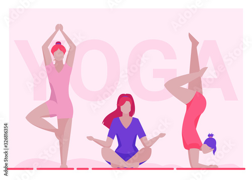 Female yogi group. Women in fitness apparel practicing yoga flat vector illustration. Meditation, activity, body training concept for banner, website design or landing web page