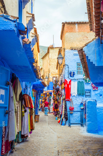 Street market in blue medina of city Chefchaouen,  Morocco, Africa. © Olena Zn