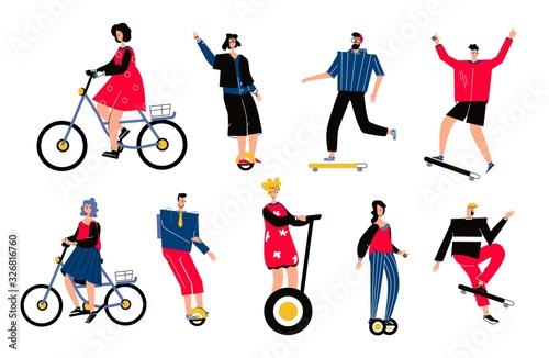 Set of people riding skateboard, longboard and modern personal transporters - hoverboard, electric unicycle, motorized kick scooter. Flat cartoon vector illustration.