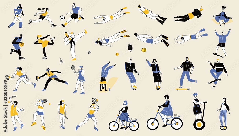 Set of people in sports- baseball, sprint running, football, basketball, Taekwondo, single figure skating, snorkling, biking