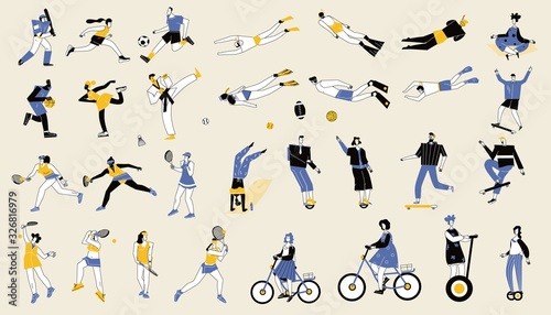 Set of people in sports- baseball, sprint running, football, basketball, Taekwondo, single figure skating, snorkling, biking