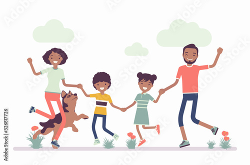 Happy black family enjoying outdoor time with kids and pet. Husband, wife, son, daughter positive team, traditional household, happiness and good relationships. Vector flat style cartoon illustration