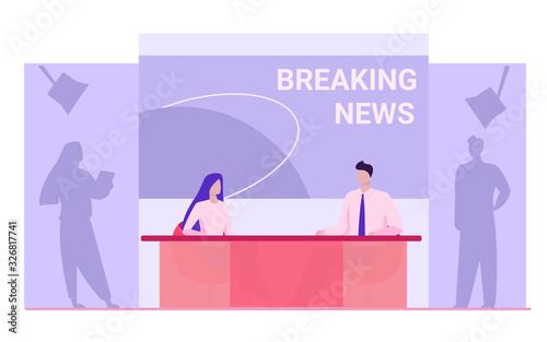 News anchors on breaking news background. Presenter, journalists, partners flat vector illustration. TV show, studio, broadcasting concept for banner, website design or landing web page