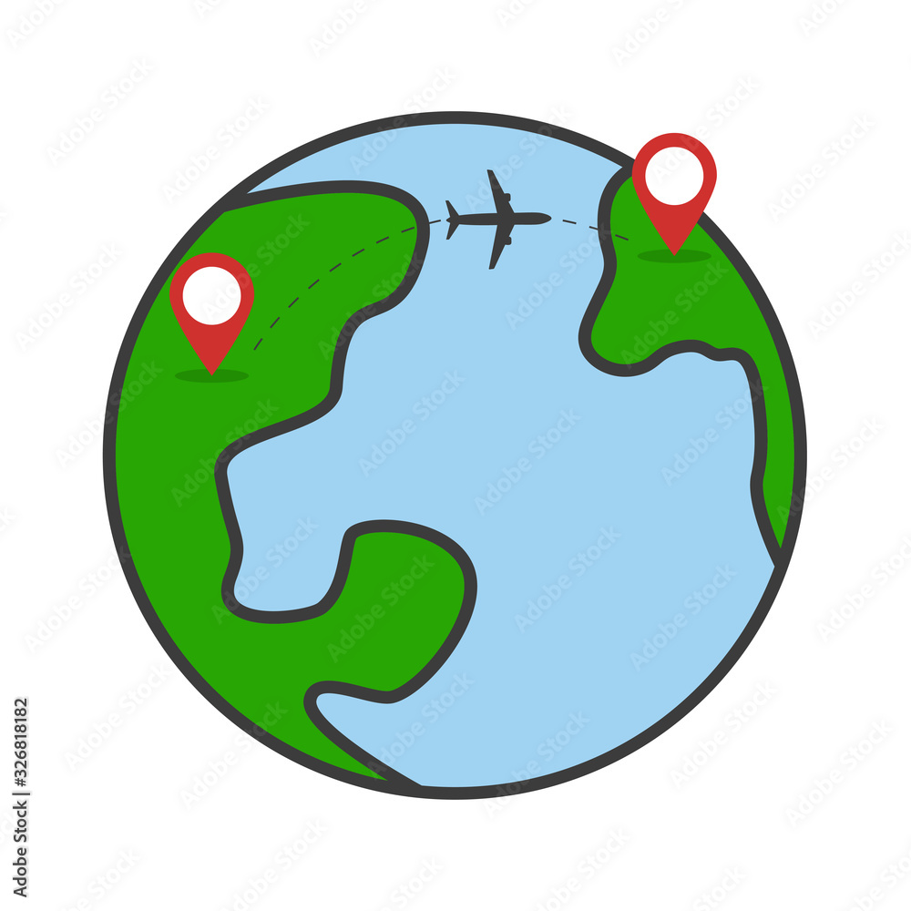 Travel around the planet concept. World exploring by airplane. Start point and destination mark. Flat vector illustration banner design isolated on white