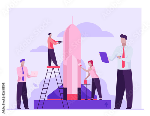 Team repairing and painting rocket for launch. Startup group, using laptop flat vector illustration. New project, business, idea concept for banner, website design or landing web page