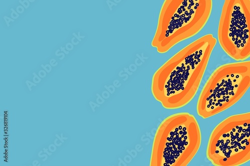 Fruit background with papaya drawing. Summer tropical exotic concept template to place text for healthy food eating, quote or recipe. Horizontal banner. Flat lay of top view. Vector