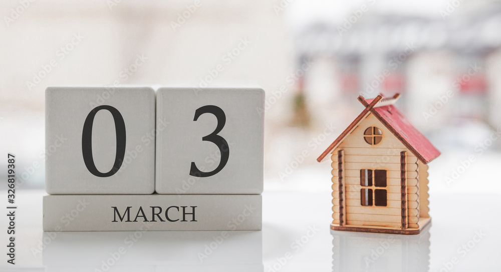 March calendar and toy home. Day 3 of month. Сard message for print or remember March calendar and toy home. Day 3 of month. Сard message for print or remember