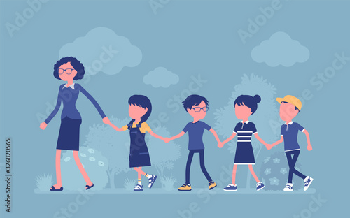 Children walking in line with a teacher. Kids going outdoor, safe elementary school or kindergarten road and street hiking for fun, education. Vector illustration, faceless character