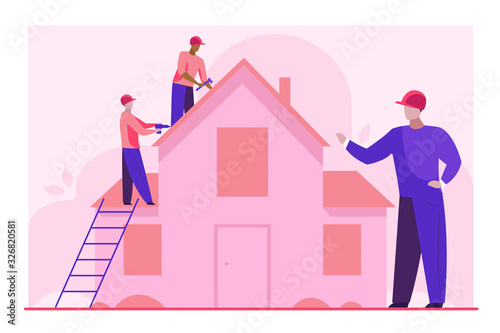 Workers repairing roof. Constructor group, roofers, foreman, house flat vector illustration. Renovation, housekeeping, improvement concept for banner, website design or landing web page