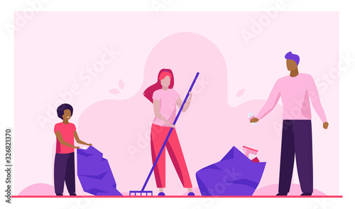 Family collecting garbage outdoors. Couple with kid cleaning lawn from trash flat vector illustration. Volunteering, cleaning, nature concept for banner, website design or landing web page