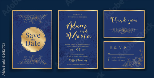 blue Wedding invitation card template set with hand drawn outline floral frame and border. Flowers decoration for save the date, greeting, rsvp, poster, cover,  Botanic illustration premium vector