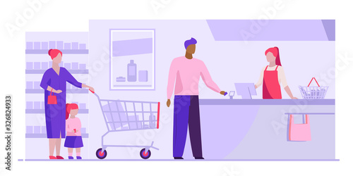Queue at checkout in supermarket. Customers, cashier, check register flat vector illustration. Shopping, grocery store, payment concept for banner, website design or landing web page