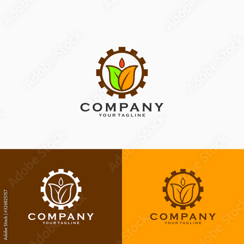 Agro industry logo design, gear combined with leaves logo design emblem vector illustration logo template