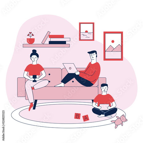 Family with digital devices flat vector illustration. Mom, dad, and kid with laptop, phone, and tablet. People wasting time in internet. Social media and gadget addiction problem concept.