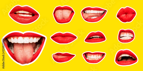 Collage in magazine style with female lips on bright yellow background. Smiling, mouthes screaming, scratching, different emotions. Modern design, creative artwork, style, human emotions concept. photo