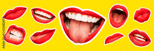 Fototapeta Collage in magazine style with female lips on bright yellow background