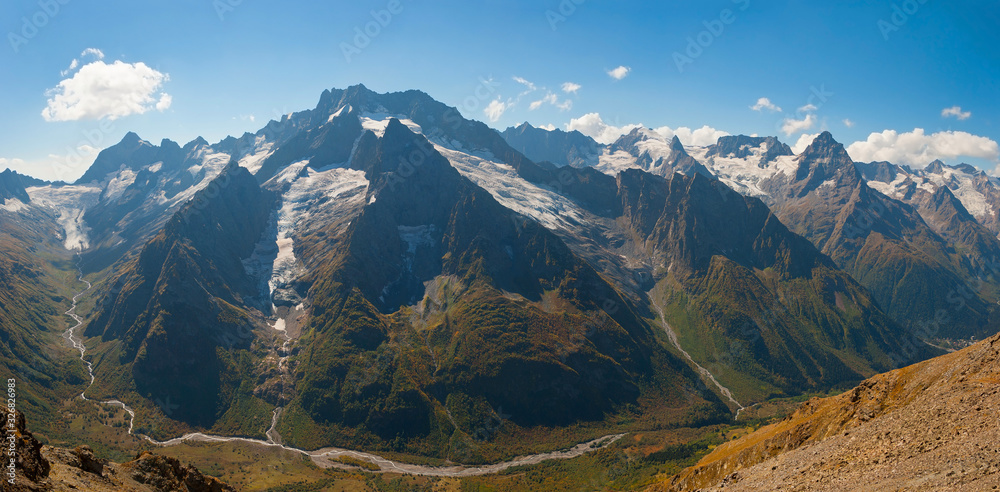 Panoramic view of the Caucasus mountains, Dombay, 3000 m above sea level.