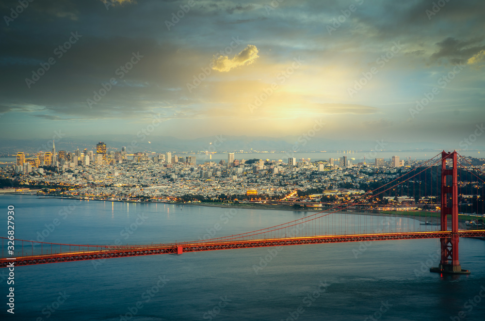 Sunset over San Francisco and Golden Gate Bridge