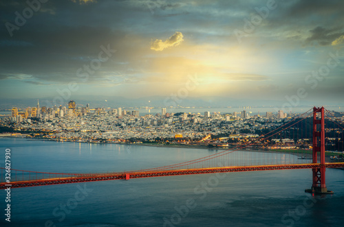 Canvas Print Sunset over San Francisco and Golden Gate Bridge