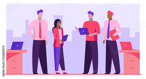 Four business people discussing project. Office staff sharing ideas flat vector illustration. Business meeting, conference, seminar concept for banner, website design or landing web page