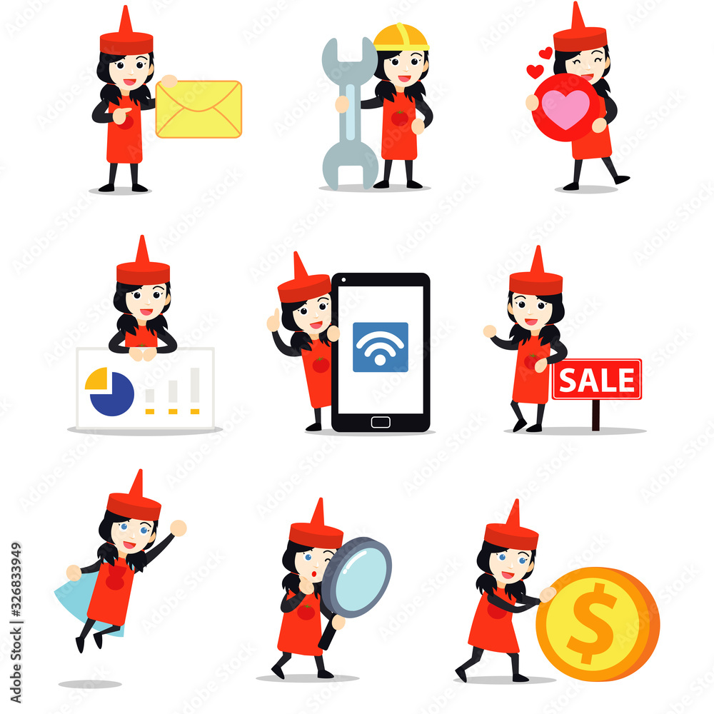 Set character of women in ketchup bottle costume to promote a new product.