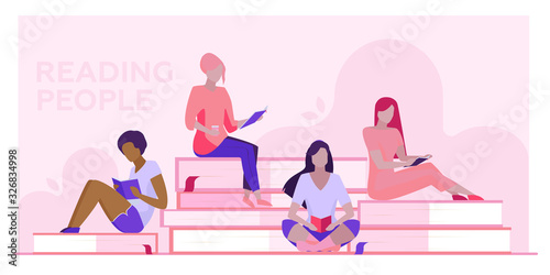 Four female students reading books. Girls sitting on giant books flat vector illustration. Library visitors, bookstore, education concept for banner, website design or landing web page