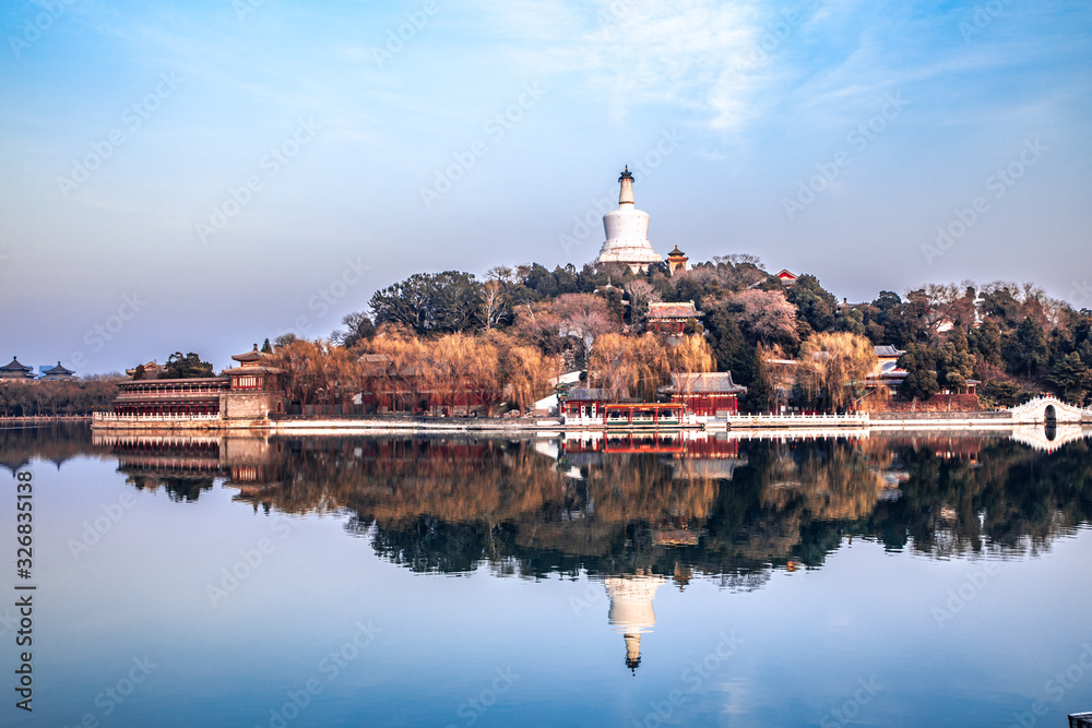 White Pagoda and lake water in Beihai Park, Beijing, China