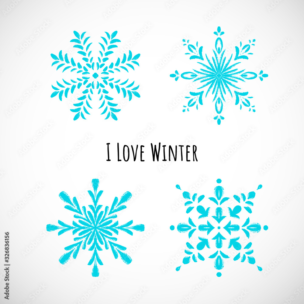 Fototapeta premium Set of blue snowflake icon with text, vector doodle design.