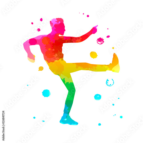 Color silhouette of a dancing man on white background. A male street dance hip hop dancer. Vector isolated man with watercolor texture for logo, sticker, banner, poster. Illustration for dance studio