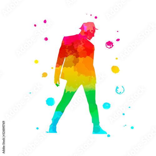 Color silhouette of a dancing man on white background. A male street dance hip hop dancer. Vector isolated man with watercolor texture for logo, sticker, banner, poster. Illustration for dance studio