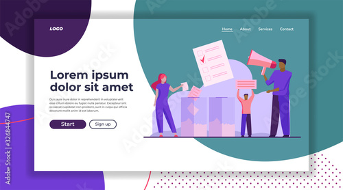 Voters throwing forms into ballot boxes. Activists shouting at megaphone, holding placard flat vector illustration. Election campaign, poll concept for banner, website design or landing web page