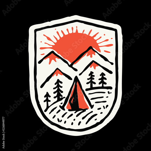 Camp nature mountain line badge patch pin graphic illustration vector art t-shirt design