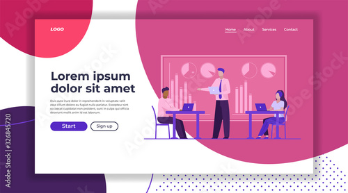 Business leader instructing workgroup. Team using laptops on office flat vector illustration. Corporate discussion, communication concept for banner, website design or landing web page