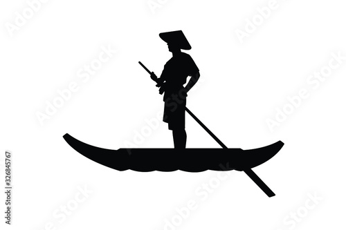 Asia man on rowboat silhouette vector