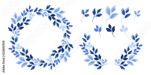 Fototapeta Set of blue leaf wreath and leaf frame for invitation and wedding design. Leaf and floral vector arrangements