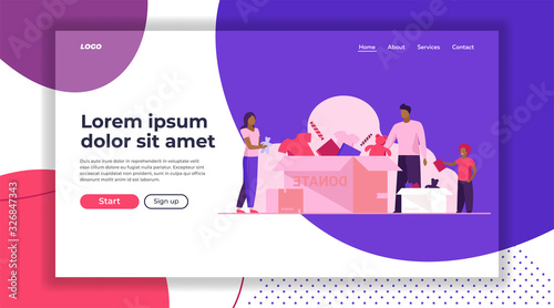 Family packing donation box. Clothes and toys for needy people flat vector illustration. Volunteering, charity, goodwill concept for banner, website design or landing web page