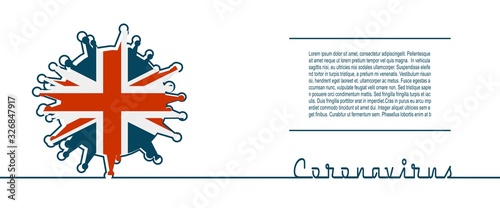 Abstract virus silhouette and Coronavirus text in thin line style. Coronavirus virus danger relative illustration. Medical research theme. Virus epidemic alert. Flag of the United Kingdom