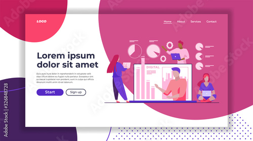 Workgroup analyzing report. Team using laptops, worker presenting bar chart flat vector illustration. Marketing, analysis, work on project concept for banner, website design or landing web page