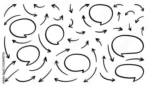 Hand drawn Arrows and speech bubbles Vector Set.