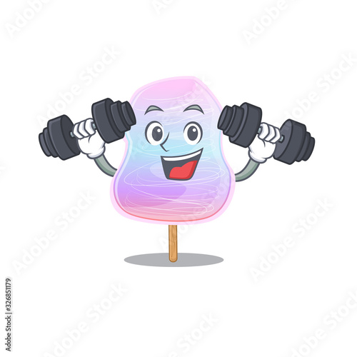 Sporty Fitness exercise rainbow cotton candy mascot design using barbells