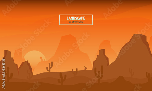 Flat landscape background with cactus and mountains in orange tones.