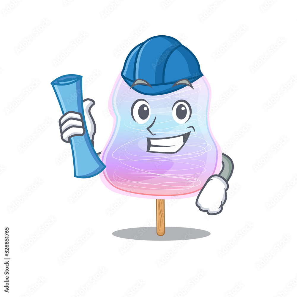 A success of rainbow cotton candy Architect having blue prints and blue helmet