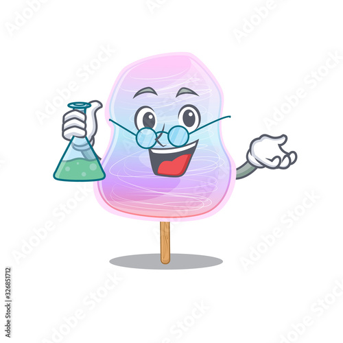 Cool rainbow cotton candy Professor cartoon character with glass tube