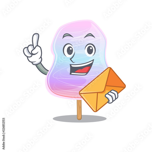 Happy face rainbow cotton candy mascot design with envelope
