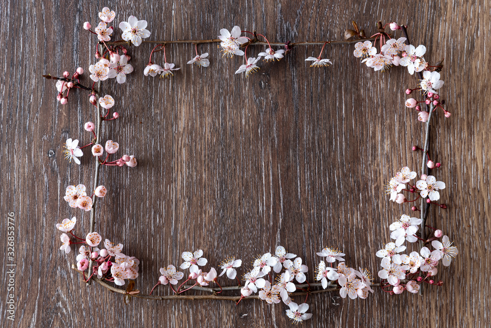 Fresh spring ornamental cherry blossoms on a rustic wood background