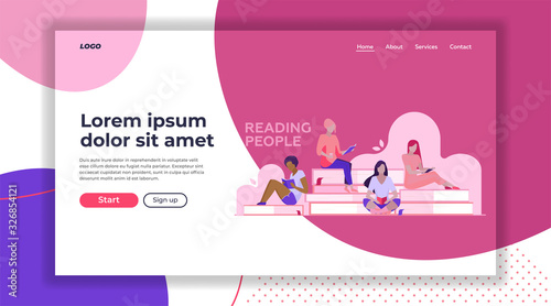 Four female students reading books. Girls sitting on giant books flat vector illustration. Library visitors, bookstore, education concept for banner, website design or landing web page