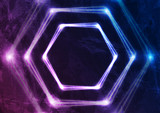 Blue and purple glowing neon hexagons abstract tech background. Vector design