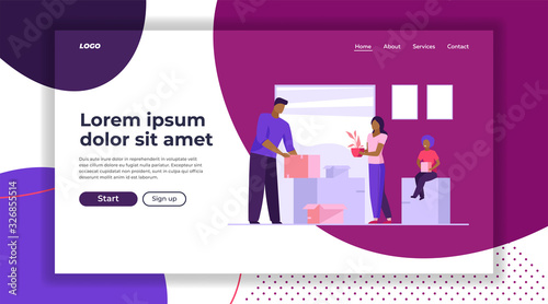 Family moving to new home. People unpacking boxes and carrying home plants flat vector illustration. Rent, mortgage, relocation concept for banner, website design or landing web page