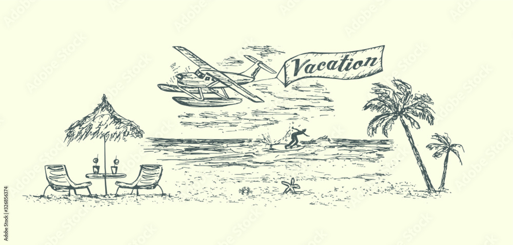 Vacation scene on sea resort. Hand drawn. Vector